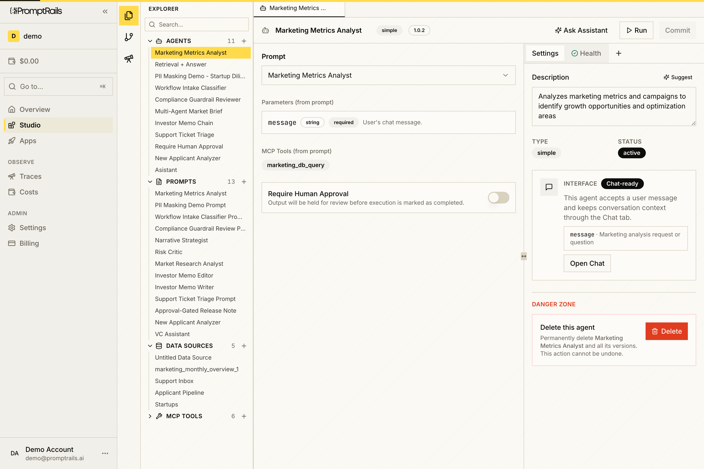 PromptRails Studio showing the Marketing Metrics Analyst agent configuration