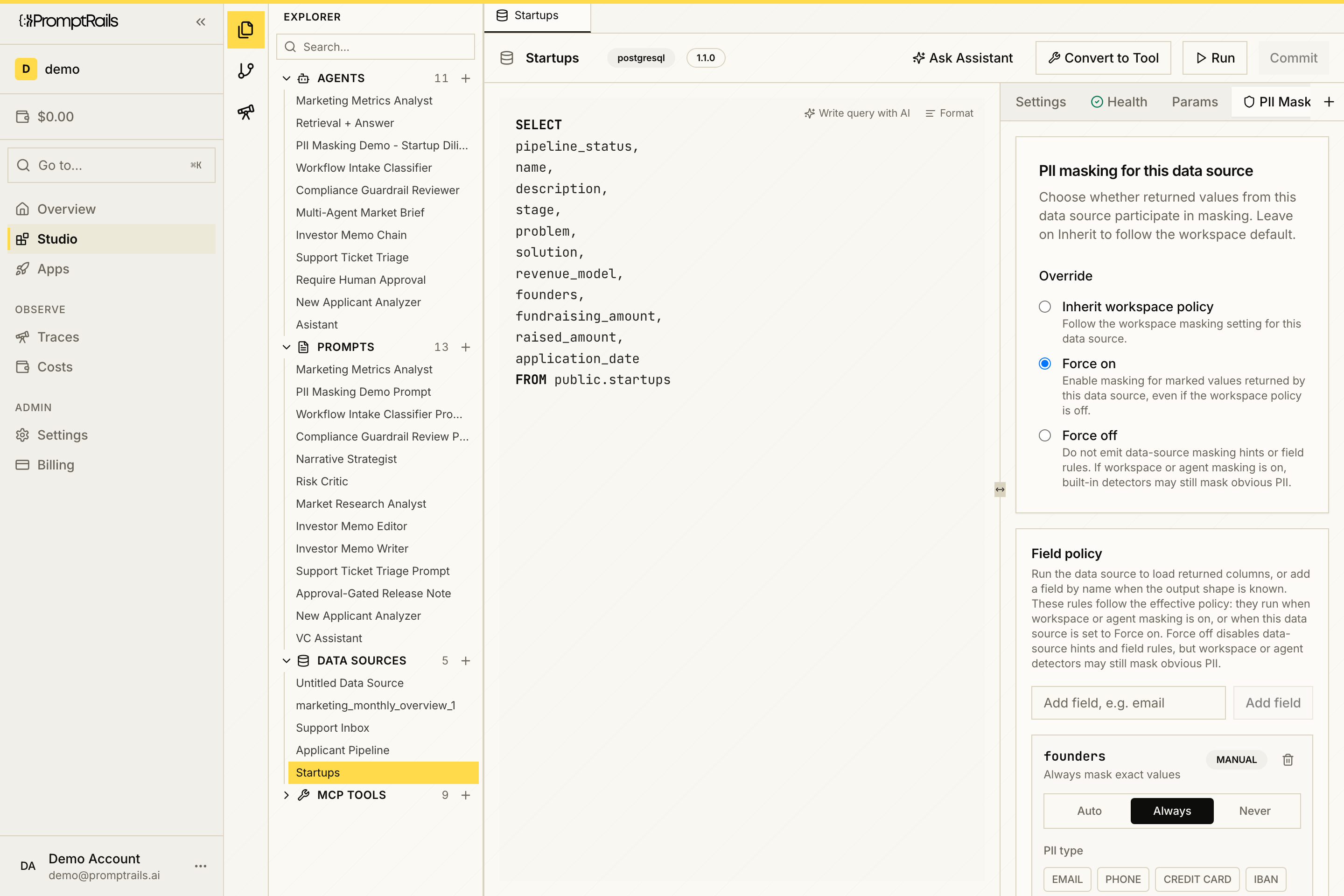 PromptRails Studio showing datasource-level PII masking override and field policy controls