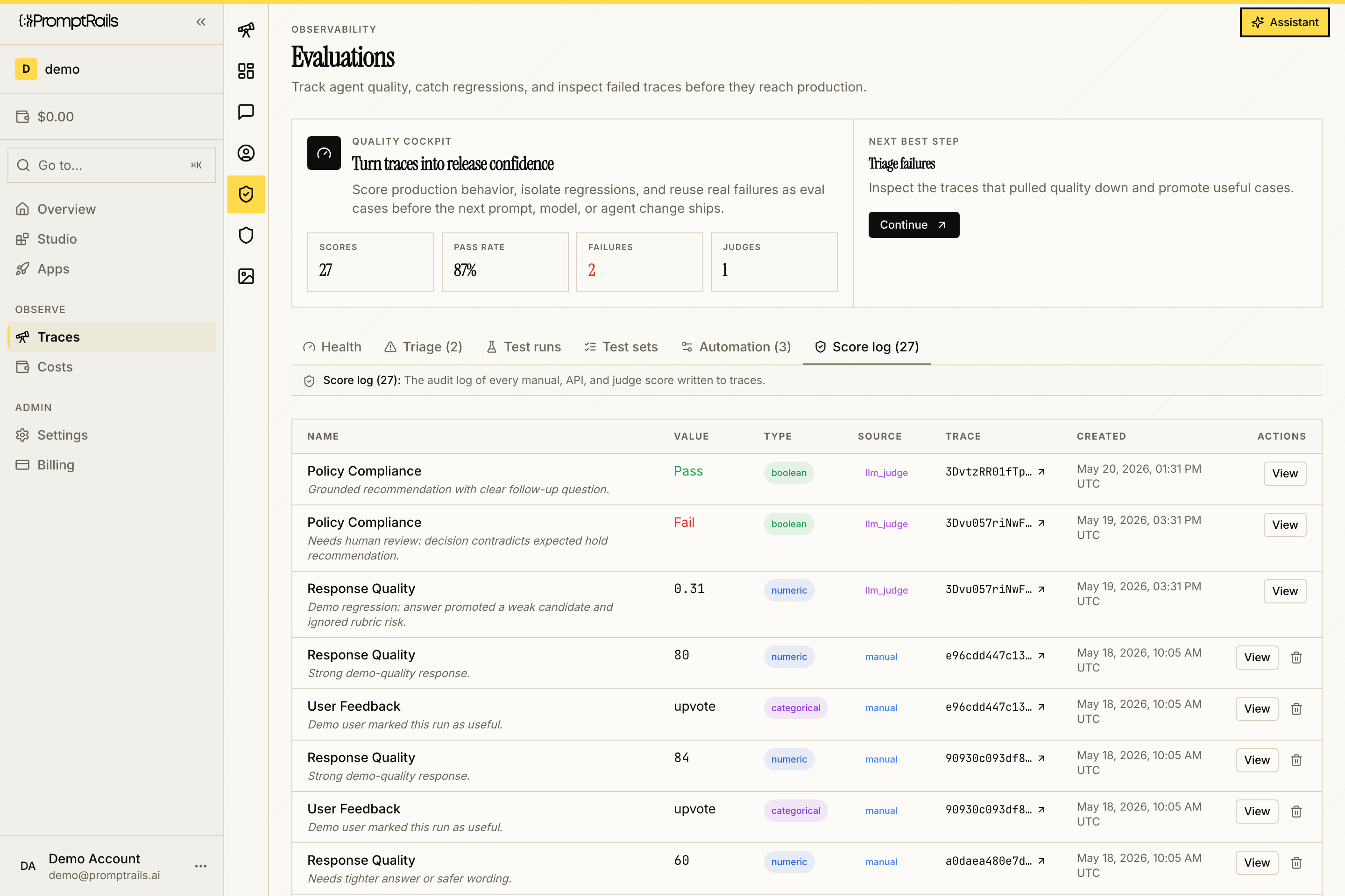 PromptRails Evaluations page with the Score log tab selected