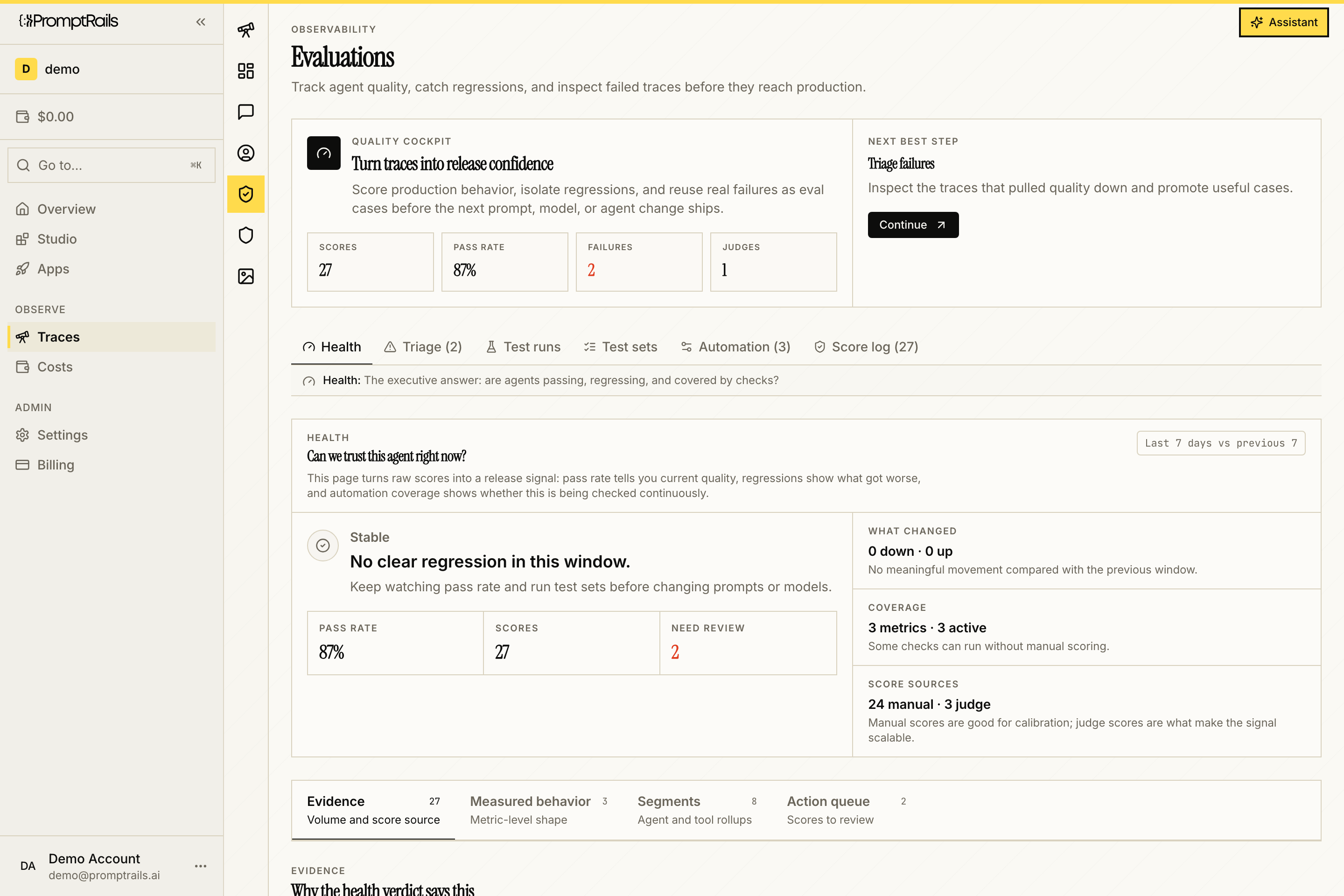 PromptRails Evaluations dashboard showing health, triage, test runs, test sets, automation, and score logs