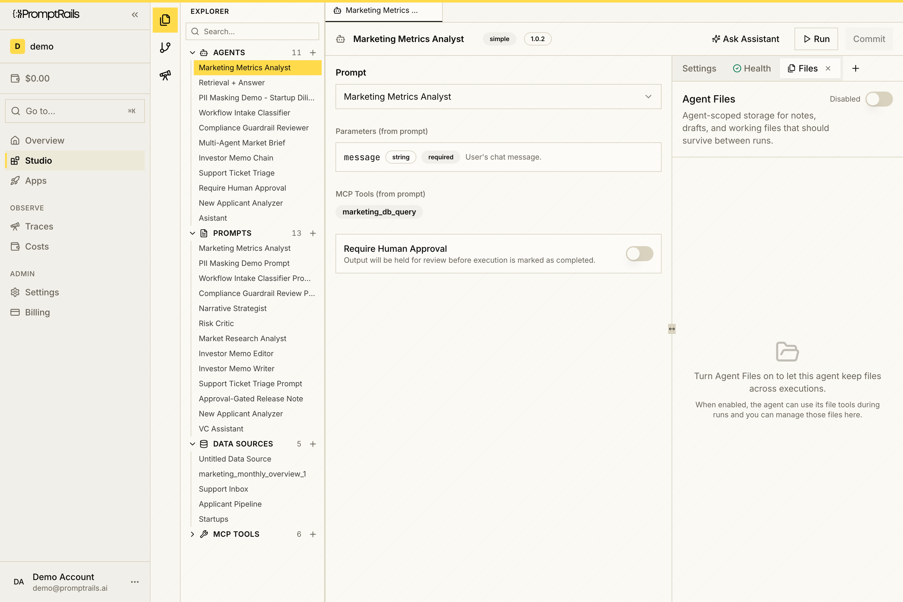 PromptRails Studio showing the Files tab on an agent