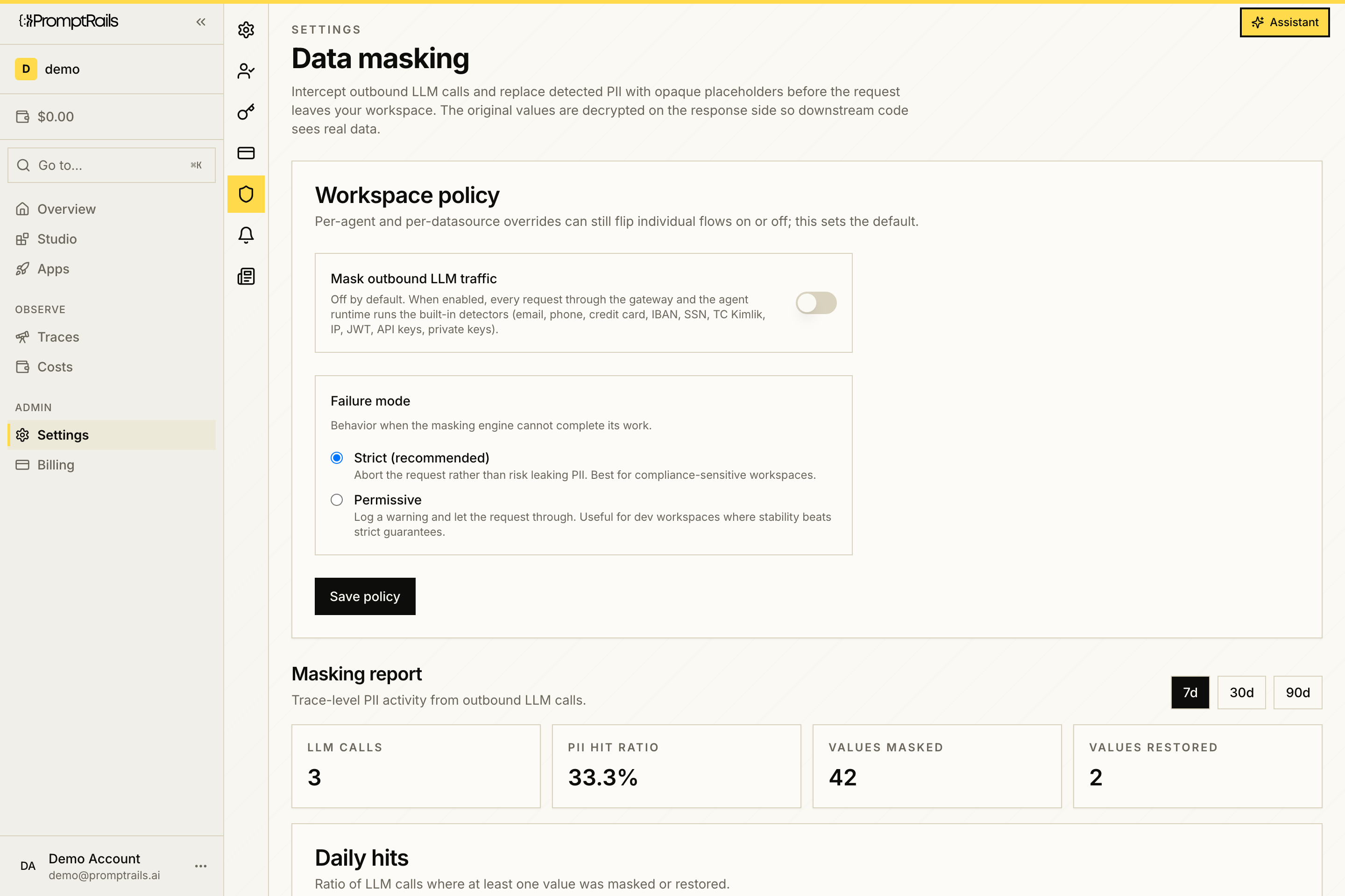 PromptRails Data Masking settings showing workspace policy, strict failure mode, and masking report