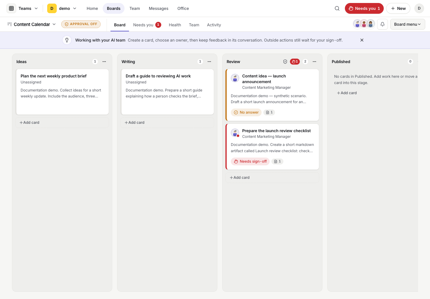 A documentation demo board in PromptRails Teams