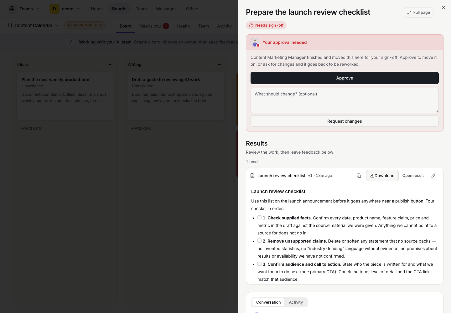 PromptRails Teams card detail with its task brief and discussion