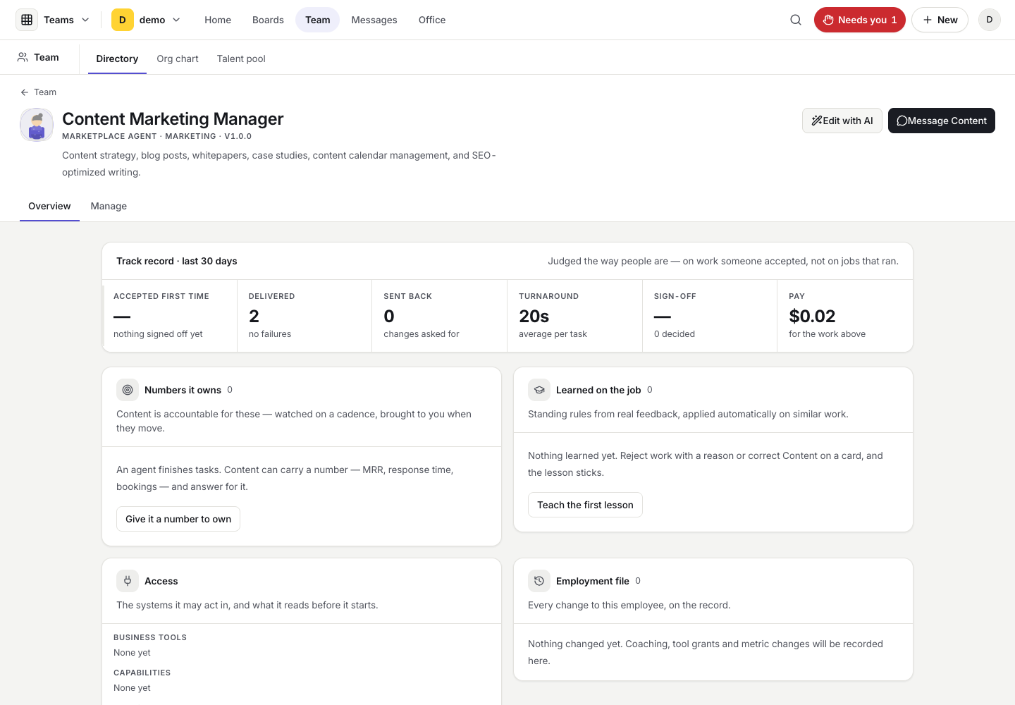 An AI employee profile in PromptRails Teams