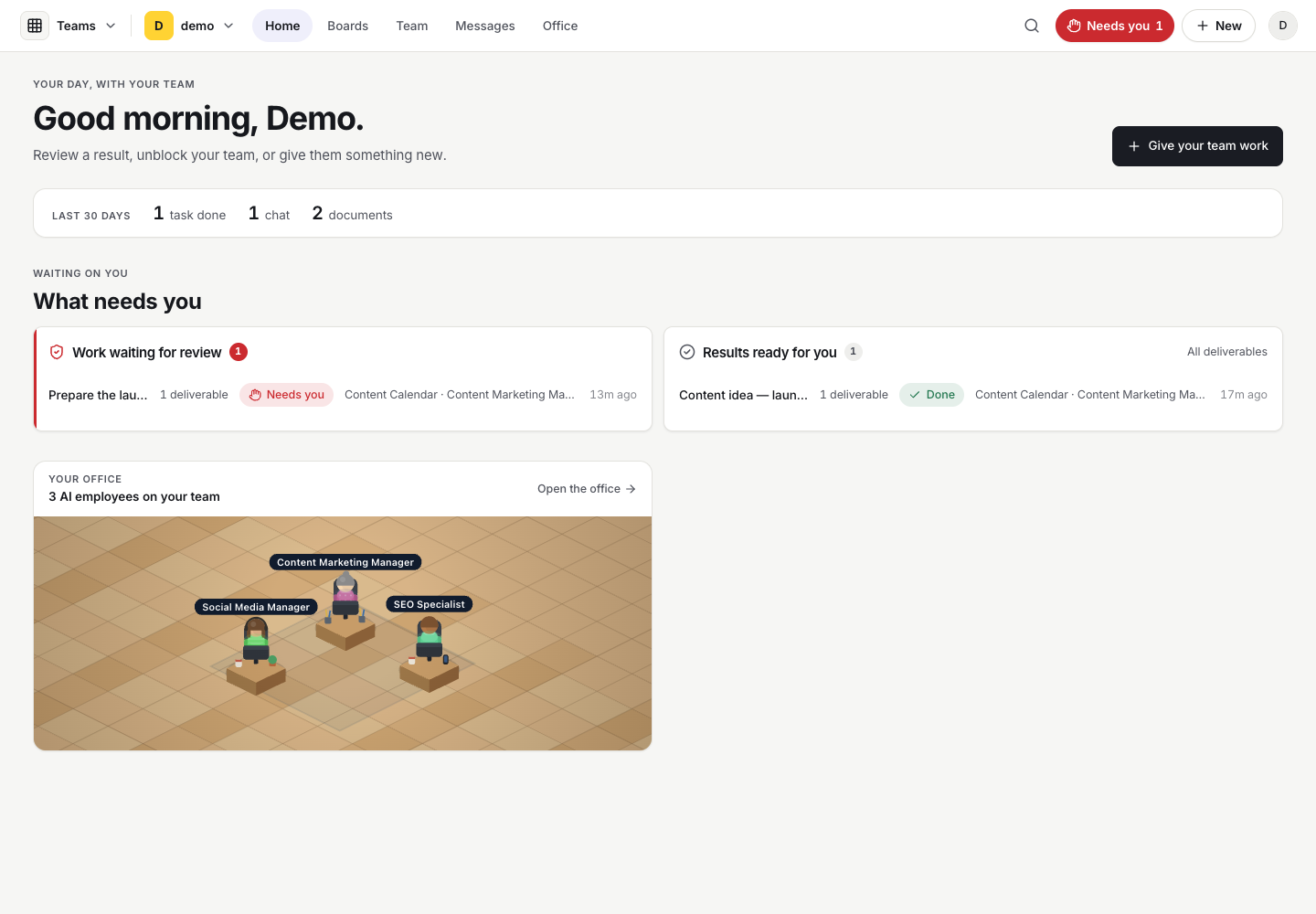 PromptRails Teams Home in the documentation demo workspace