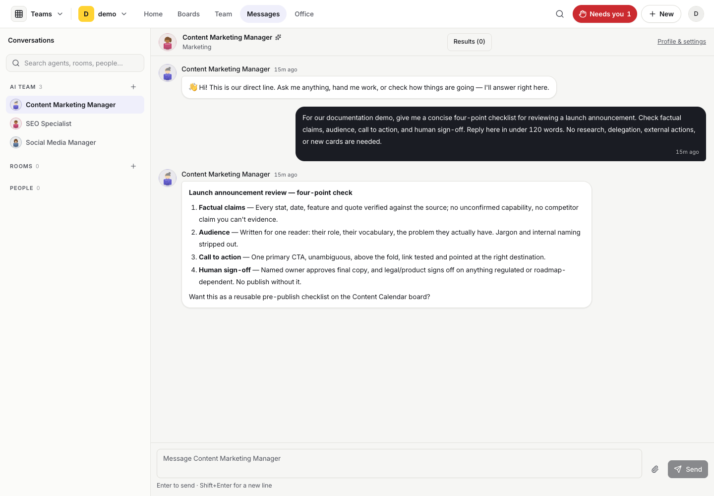 PromptRails Teams Messages with conversations and a message thread