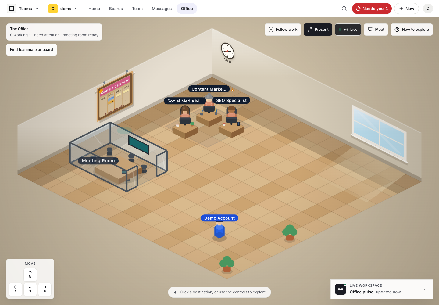 The PromptRails Teams Office showing the team in a visual workspace