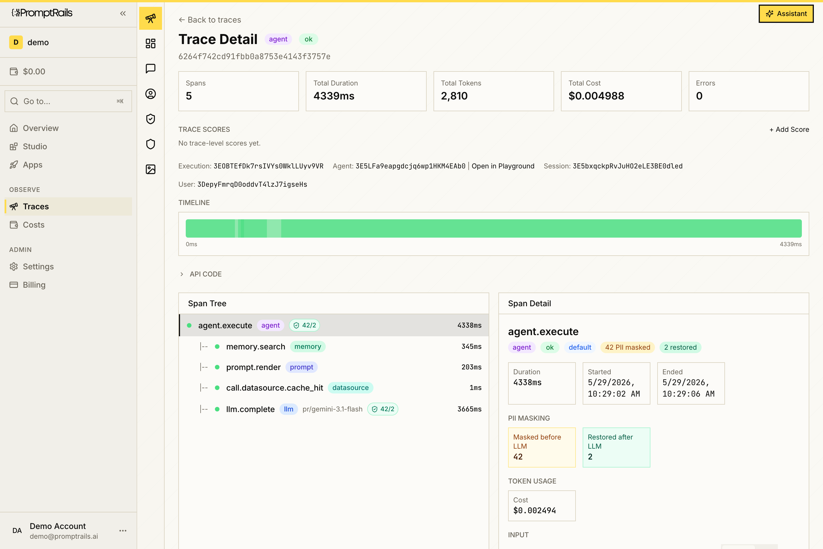 PromptRails trace detail with timeline, span tree, cost, tokens, and span detail