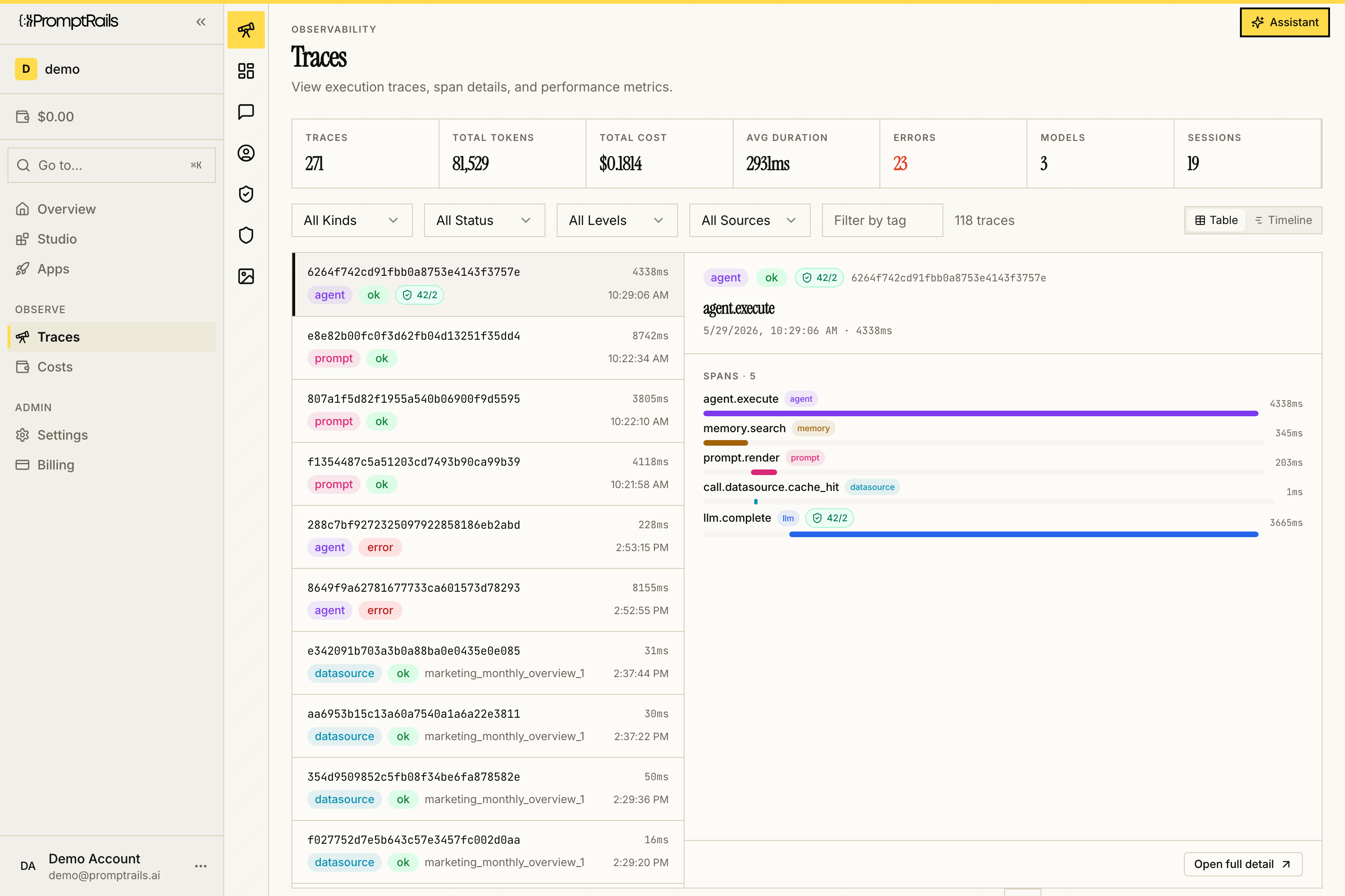 PromptRails traces list showing execution status, trace kind, duration, token totals, cost, and filters